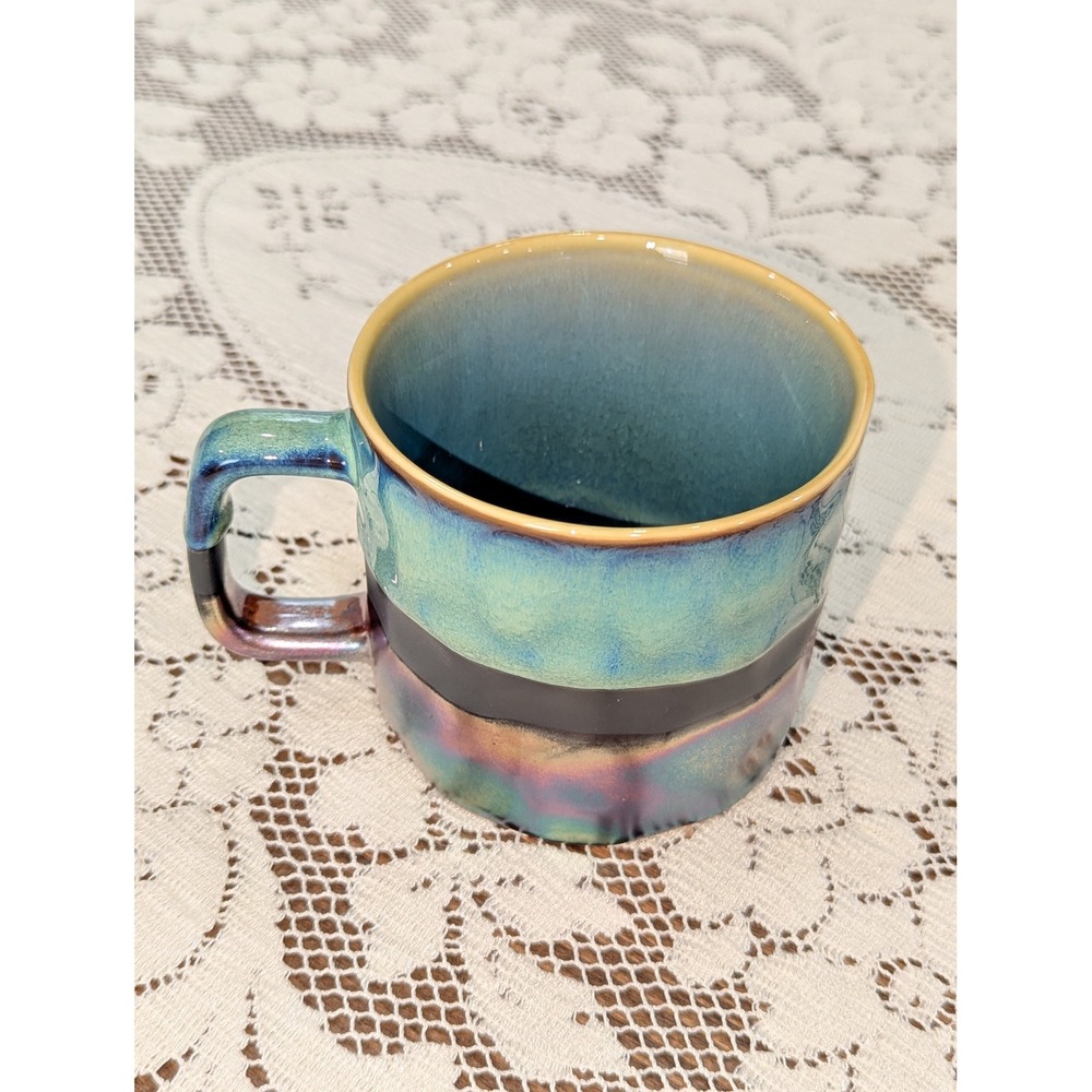 Vintage Coffee Mug Teal Blue Iridescent Studio Pottery Square Handle - Picture 4 of 14